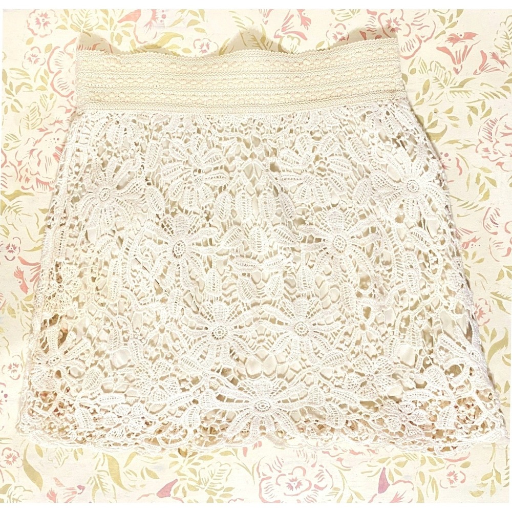 Cream Crochet Mini Skirt Floral Lace Boho Festival Ivory Small - Picture 2 of 8